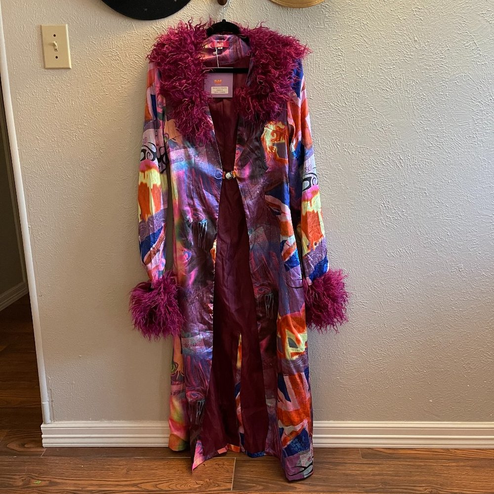 Psychedelic Duster with Faux Fur Collar